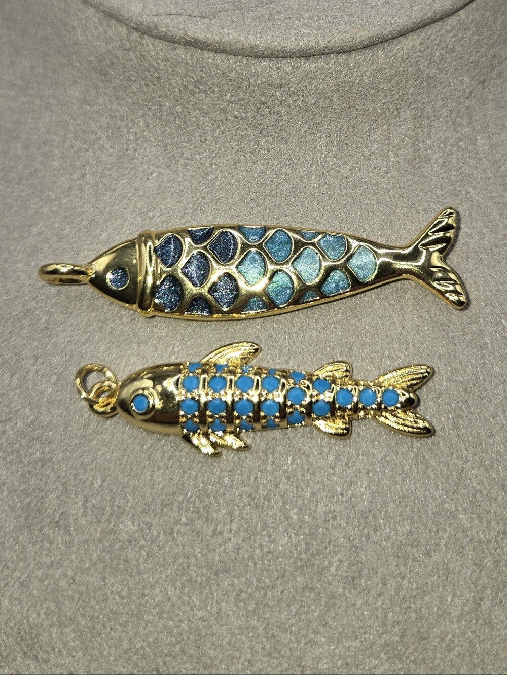 14k Gold Over Brass Fish Pendant Charm with Blue Inlay - Stylish Aquatic Accent
